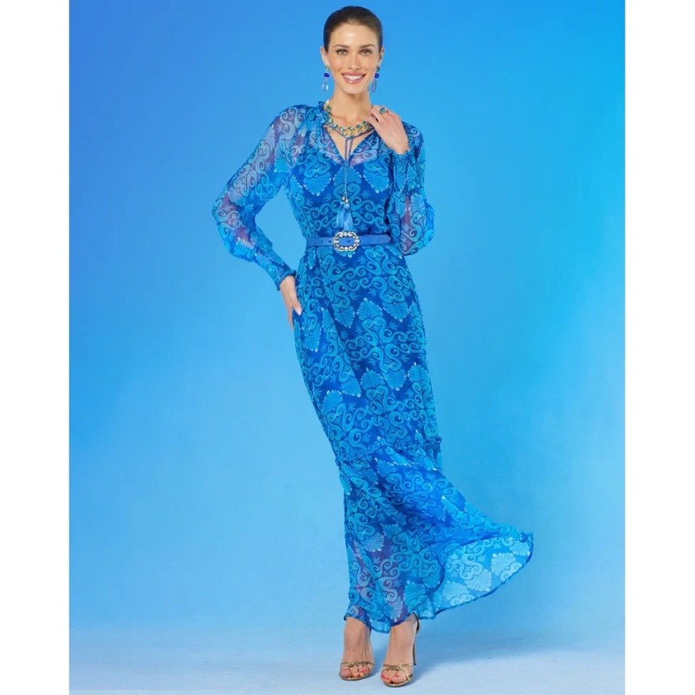 Nicoblu Dress Womens 2 Blue Celine Maxi Crinkle Chiffon Long Sleeve Wedding Chic